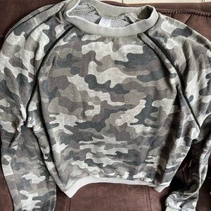 Alternative eco-friendly camo-print, block cut, lightweight crew sweater